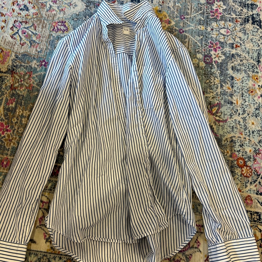 blue and white striped button up blouse
